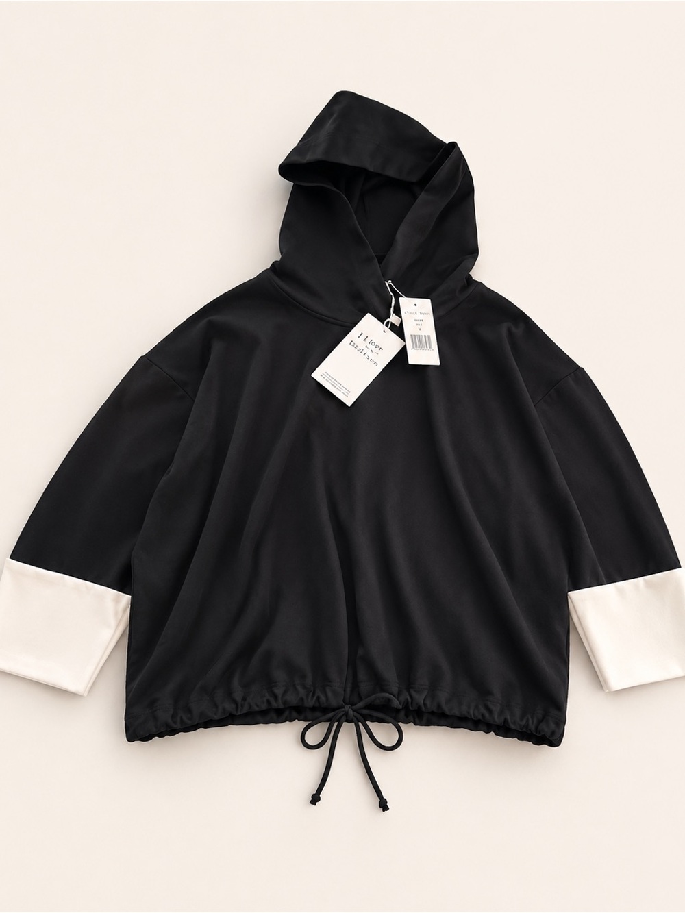 Black Hooded Drawstring Pullover with White Cuff Detail